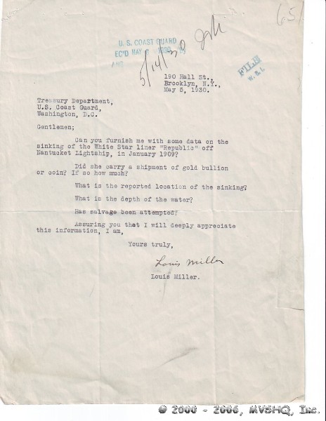 In 1930, Mr. Miller of Brooklyn, New York, asks the Coast Guard for information on Republic's gold cargo. Loc. Cit