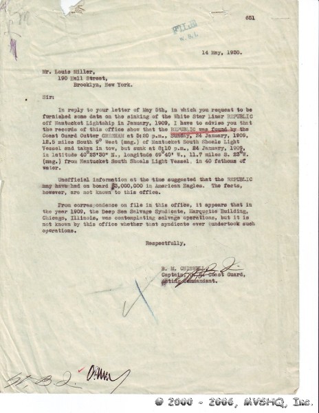 The Coast Guard responds to Mr. Miller, and references its earlier correspondence. Loc. Cit.