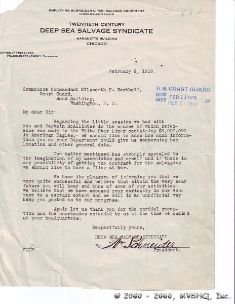 Twentieth Century Deep Sea Salvage Syndicate, describes their 1919 meeting with Coast Guard officers and their discussion of Republic's $3 million cargo.  
NARA, RG 26, General Correspondence, File 651 ("RE," includes Republic).