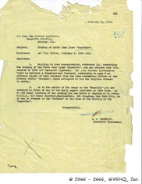 Commodore Commandant Bertholf's response; no denial. Loc. Cit.
Is Bertholf a reliable source?  Visit Ellsworth Price Bertholf