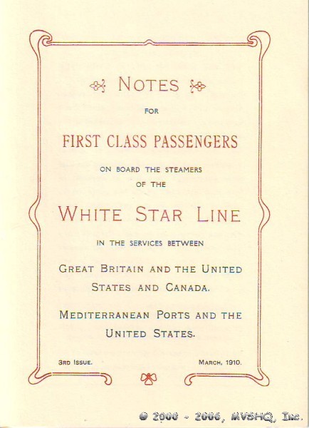 White Star Line Booklet Cover, March 1910