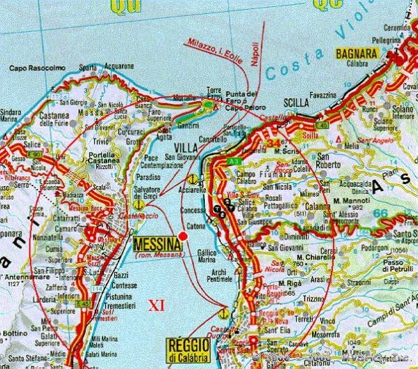 A detailed map of the Messina earthquake area affected approximately at Level XI (Catastrophic) on the Mercalli Scale. 