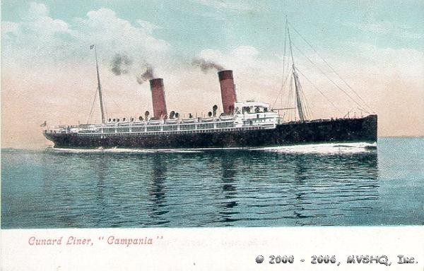 Cunard LineRMS Campania reportedly carried the December 22, 1908 engagement, but so did White Star Line's Teutonic. 