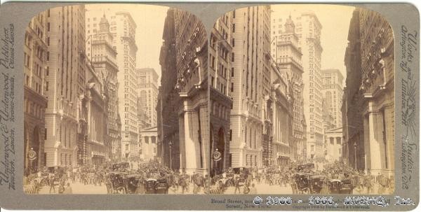 Broad StreetNorth to the Sock ExchangeSub Treasury and Wall StreetStereoview, 1903