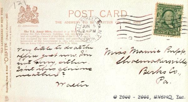"Very little to do at the [Assay?] office right now."
Postcard Reverse.
