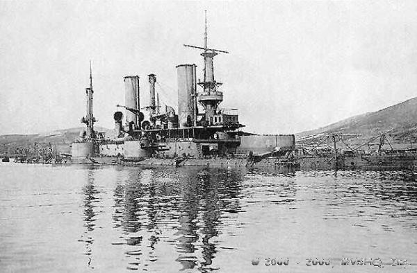 The Russian pre-dreadnought battleship Poltava sunk at Port Arthur as a result of bombardment by Japanese land based artillery during the siege of Port Arthur (December 1904).