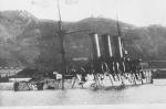 The Russian protected cruiser Pallada wrecked at Port Arthur as a result of bombardment by Japanese land based artillery during the siege of Port Arthur (December 1904).
