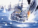 Artist view of the "Oslyaba" in Tsusima. This depiction portrays a "Borodino" class battleship as next in line, which is in error.