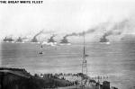 The fleet steams out of Hampton Roads, 16 December 1907. Connecticut leads the column as the fleet turns to starboard to head out to sea. 
