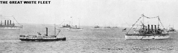 President Roosevelt reviews the Fleet prior to departure. Roosevelt, aboard the Presidential yacht Mayflower, steams past the fleet in Hampton Roads on 16 December 1907, as the warships lie at anchor. Mayflower is just ahead of and beyond the dark-hulled sidewheel steamer in the foreground.