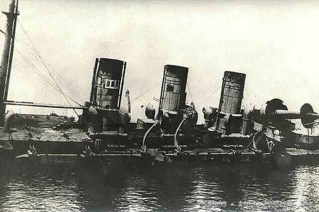 The Russian pre-dreadnought battleship Pobieda sunk at Port Arthur as a result of bombardment by Japanese land based artillery d