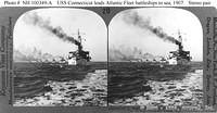 Stereoview USS Connecticut Leading the Atlantic Fleet's battleships out of Hampton Roads, 1907.