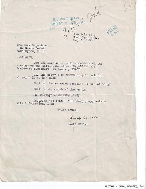 In 1930, Mr. Miller of Brooklyn, New York, asks the Coast Guard for information on Republic's gold cargo. [i]Loc. Cit[/i]