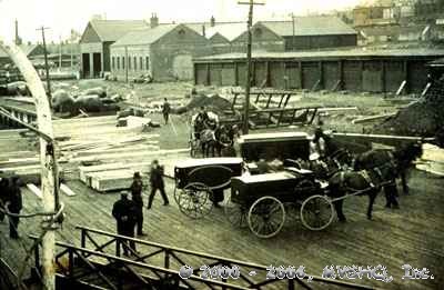 TITANIC. Hearses and coffins await recovered bodies in Halifax, Nova Scotia, April 1912. Photo: Public Archives of Nova Scotia. 