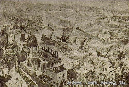 Artist's conception of the tsunami (tidal wave) that engulfed the Messina waterfront immediately after the 1908 quake.