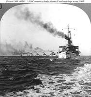 Connecticut leading the Atlantic Fleet's battleships out of Hampton Roads, Virginia